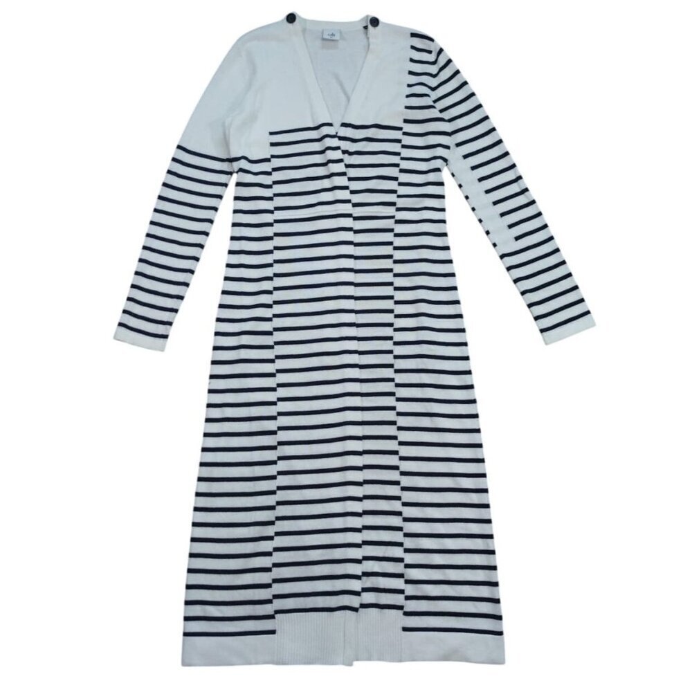 CAbi Striped Long Cardigan Sweater White Navy Blue Open Front XS Cotton Blend